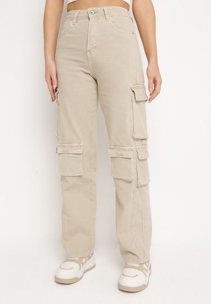 Beżowe Bawełniane Spodnie Typu Bojówki z Wysokim Stanem i Kieszeniami Azalana. Brązowe spodnie materiałowe Born2be, na co dzień, l, bez wzorów, z bawełny, z podwyższonym stanem. Za 69.99 zł.