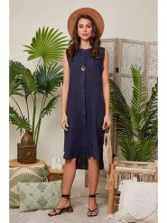 Lin Passion Lniana sukienka w kolorze granatowym rozmiar: 34/36. Niebieskie sukienki Lin Passion, bez wzorów, ze lnu, klasyczne, bez kołnierzyka, bez ramiączek, midi. Za 173.99 zł.