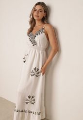 Biała Rozkloszowana Sukienka z Domieszką Lnu na Ramiączkach Ozdobiona Frędzlami Nellerin. Białe sukienki Born2be, na co dzień, na lato, m, bez wzorów, eleganckie, bez kołnierzyka, bez ramiączek, maxi, dopasowane. Za 149.99 zł.