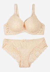 Beżowy Koronkowy Komplet Biustonosz i Majtki Figi w Klasycznym Stylu Ezirene. Brązowe figi Renee, z aplikacjami, z jeansu. Za 39.99 zł.