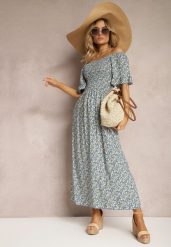 Niebieska Sukienka Hiszpanka z Elastycznym Dekoltem i Rozkloszowanym Dołem z Bawełny Coralinma. Niebieskie sukienki Renee, na imprezę, na lato, m, bez wzorów, z bawełny, eleganckie, bez kołnierzyka, bez ramiączek, maxi, rozkloszowane. Za 49.99 zł.