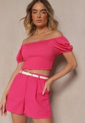 Różowe Szorty z Bawełną High Waist w Klasycznym Stylu Sefore. Czerwone szorty Renee, bez wzorów, z bawełny, klasyczne, z podwyższonym stanem. Za 44.99 zł.