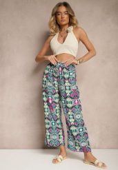 Zielono-Różowe Bawełniane Spodnie High Waist Szerokie we Wzór Boho Tolioria. Zielone spodnie materiałowe Renee, do pracy, l, bez wzorów, z bawełny, z podwyższonym stanem. Za 29.99 zł.