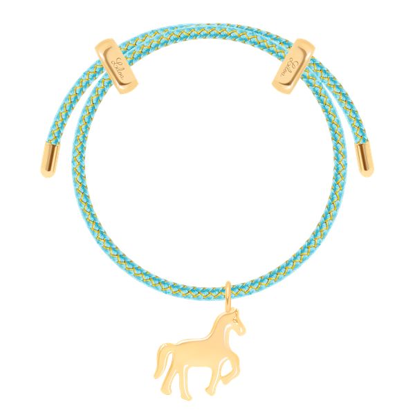 Bransoletka Liana w kolorze jasnoniebieskim ze złotą nitką z zawieszką w kształcie konia. Niebieskie bransoletki Lilou, pozłacane. Za 288.00 zł.