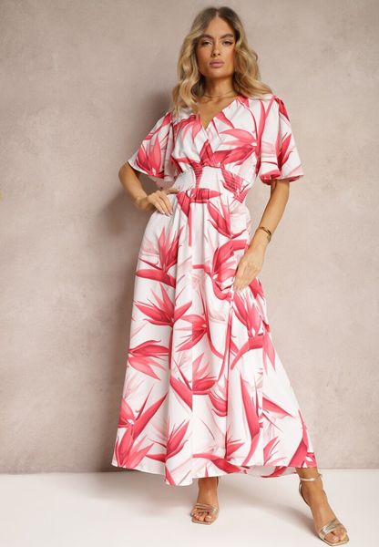 Różowo-Biała Kopertowa Sukienka Wiązana na Plecach z Gumką w Talii Jeteri. Czerwone sukienki Renee, na co dzień, l, w ażurowe wzory, bez kołnierzyka, bez ramiączek, maxi, kopertowe. Za 69.99 zł.