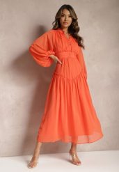 Pomarańczowa Elegancka Sukienka w Stylu Vintage z Powlekanymi Guzikami i Marszczeniami Lefandia. Brązowe sukienki Renee, na imprezę, l, bez wzorów, eleganckie, bez kołnierzyka, bez ramiączek, maxi. Za 99.99 zł.