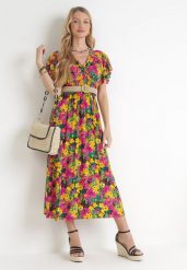 Żółto-Fuksjowa Wiskozowa Sukienka Maxi w Kwiaty z Gumką w Talii i Kopertowym Dekoltem Trelline. Żółte sukienki Born2be, na lato, l, bez wzorów, z wiskozy, bez kołnierzyka, bez ramiączek, maxi, kopertowe. Za 59.99 zł.