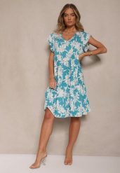Niebieska Kwiatowa Rozkloszowana Sukienka z Bawełny Liravira. Niebieskie sukienki Renee, na co dzień, na lato, l, bez wzorów, z bawełny, eleganckie, bez kołnierzyka, bez ramiączek, midi, rozkloszowane. Za 49.99 zł.