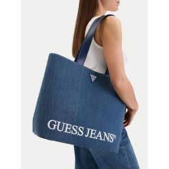 Torebka Guess Jeans. Niebieskie shopper Guess Jeans, z aplikacjami, z jeansu, bez dodatków. Za 249.99 zł.