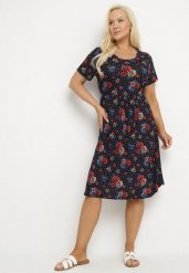 Granatowo-Czerwona Rozkloszowana Sukienka w Kwiatowy Wzór Lumilisse. Niebieskie sukienki Born2be, na co dzień, xl, bez wzorów, eleganckie, bez kołnierzyka, bez ramiączek, midi, rozkloszowane. Za 54.99 zł.