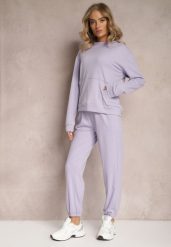 Jasnofioletowy Dzianinowy Komplet Dresowy z Bluzą i Spodniami Amlore. Fioletowe bluzy Renee, l, bez wzorów, z dresówki, z kapturem. Za 69.99 zł.