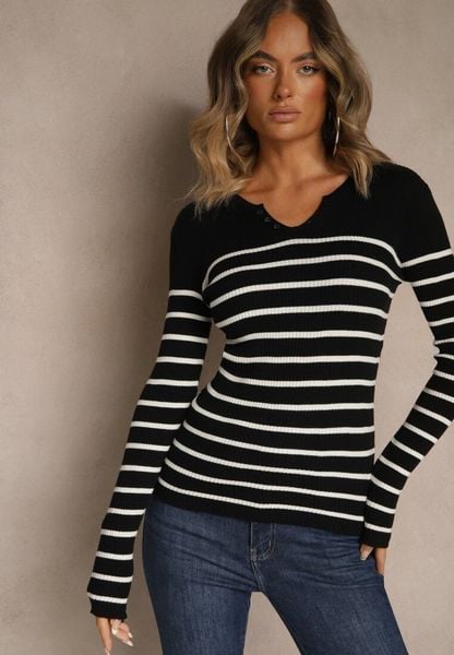 Czarna Bluzka z Bawełną z Motywem Pasków i Guzikami Serisse. Czarne bluzki Renee, bez wzorów, z bawełny, biznesowe, bez kołnierzyka, bez ramiączek. Za 59.99 zł.