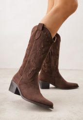 Brązowe Botki Kowbojki na Stożku z Imitacji Zamszu z Ażurowymi Wstawkami Crela. Brązowe botki Born2be, w ażurowe wzory, z jeansu, bez obcasa, na obcasie, bez zapięcia. Za 159.99 zł.