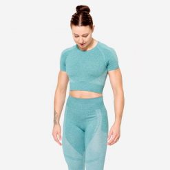 Koszulka fitness damska Domyos krótki rękaw. Zielone biustonosze DOMYOS, bez wzorów, z elastanu. W wyprzedaży za 59.99 zł.