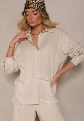 Beżowa Koszula Oversize z Lnem i Wiskozą Katilira. Brązowe koszule Renee, m, bez wzorów, z jeansu, biznesowe, bez kołnierzyka, bez ramiączek. Za 74.99 zł.