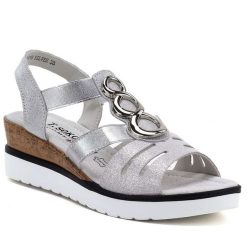 Skórzane sandały damskie na koturnie srebrne T.Sokolski L26-619. Szare sandały T.Sokolski, bez wzorów, ze skóry, bez obcasa, na koturnie, bez zapięcia. Za 169.99 zł.