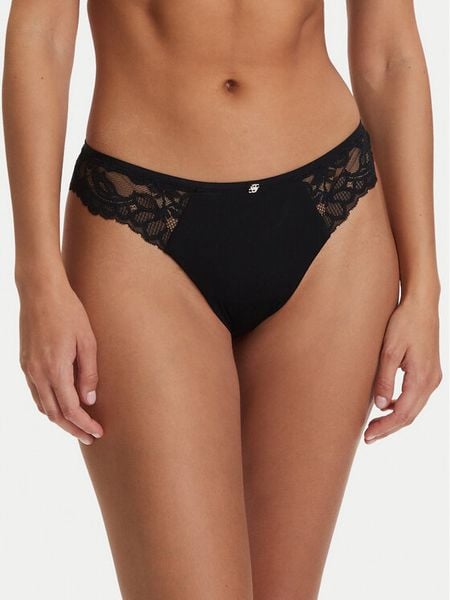 BOSS Stringi Blossom 50556195 Czarny. Czarne stringi Boss, bez wzorów, z syntetyku. Za 149.99 zł.