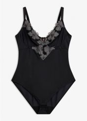 Mocno modelujące body bez fiszbin z haftem. Czarne body bonprix, bez wzorów. Za 124.99 zł.
