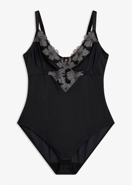Mocno modelujące body bez fiszbin z haftem. Czarne body bonprix, bez wzorów. Za 124.99 zł.