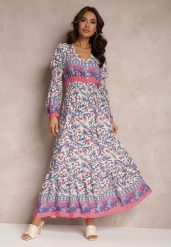 Beżowo-Niebieska Sukienka Maxi w Kwiaty z Wiskozy Vellu. Brązowe sukienki Renee, l, z aplikacjami, z wiskozy, boho, bez kołnierzyka, bez ramiączek, maxi, rozkloszowane. Za 69.99 zł.