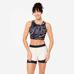 Koszulka fitness damska Domyos bez rękawów crop top. Czarne koszulki sportowe DOMYOS, bez wzorów, z elastanu, bez ramiączek, na fitness i siłownię. Za 29.99 zł.