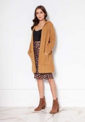 Niezapinany Sweter z Kapturem w Warkocze - Musztardowy. Brązowe swetry Lanti, l, bez wzorów, z materiału, bez ramiączek. Za 249.90 zł.
