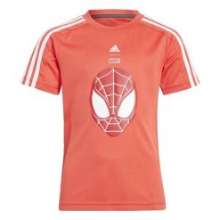 Koszulka adidas x Marvel Spider-Man. Białe bluzki Adidas, bez wzorów, z materiału, sportowe, bez kołnierzyka, bez ramiączek. Za 139.00 zł.