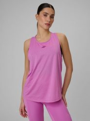 4F Top loose treningowy szybkoschnący damski - różowy L. Czerwone topy 4f, l, bez wzorów, z tkaniny, bez kołnierzyka, bez ramiączek. Za 99.99 zł.