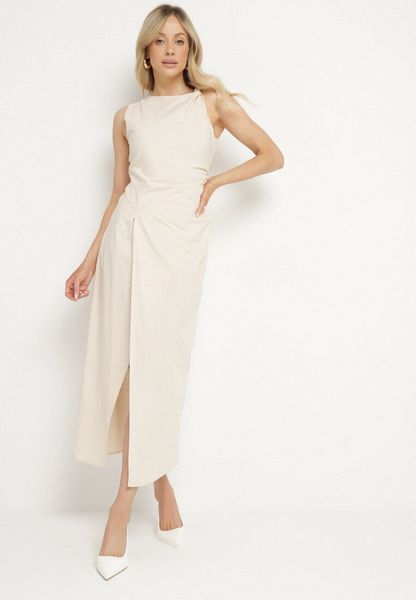 Jasnobeżowa Sukienka Dopasowana z Bawełną i Wiskozą z Rozcięciem Turilia. Brązowe sukienki Born2be, na imprezę, s, bez wzorów, z bawełny, eleganckie, bez kołnierzyka, bez ramiączek, dopasowane. Za 119.99 zł.