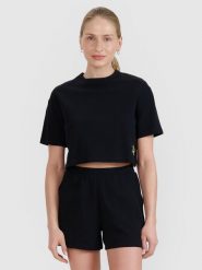 4F T-shirt crop top z waflowej dzianiny damski - czarny XL. Czarne t-shirty 4f, xl, bez wzorów, z bawełny, bez kołnierzyka, bez ramiączek. W wyprzedaży za 49.99 zł.