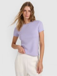 4F T-shirt z prążkowanej dzianiny z modalem damski - niebieski S. Niebieskie t-shirty 4f, s, bez wzorów, z dzianiny, bez kołnierzyka, bez ramiączek. Za 79.99 zł.