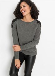 Sweter z cienkiej dzianiny. Szare swetry bonprix, bez wzorów, z dzianiny, bez ramiączek. Za 109.99 zł.
