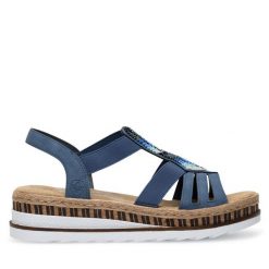 Sandały Rieker. Niebieskie sandały Rieker, bez wzorów, bez obcasa, na koturnie, bez zapięcia. Za 279.99 zł.