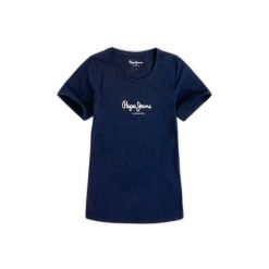 Koszulka damska Pepe Jeans New Virginia N. Niebieskie bluzki Pepe Jeans, bez wzorów, z jeansu, sportowe, bez kołnierzyka, bez ramiączek. W wyprzedaży za 120.60 zł.