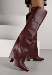 Bordowe Eleganckie Kozaki za Kolano z Cholewką Imitującą Nogawkę Zenesseria. Czerwone kozaki Renee, z satyny, za kolano, bez obcasa, na obcasie, bez zapięcia. Za 189.99 zł.