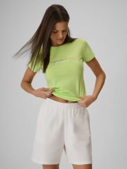 4F T-shirt slim z nadrukiem damski - żółty L. Żółte t-shirty 4f, l, bez wzorów, z bawełny, bez kołnierzyka, bez ramiączek. Za 59.99 zł.