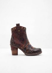 Botki Mustang na obcasie klockowym. Brązowe botki bonprix, bez wzorów, bez obcasa, na obcasie, bez zapięcia. Za 229.99 zł.