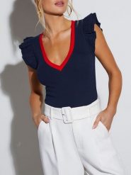 Milan Kiss Top w kolorze granatowo-czerwonym rozmiar: XL. Niebieskie topy Milan Kiss, xl, bez wzorów, bez kołnierzyka, bez ramiączek. Za 124.95 zł.