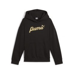 Młodzieżowa bluza z kapturem ESS+ SCRIPT PUMA Black Gold Foil. Czarna bluzy Puma, m, bez wzorów, z kapturem. Za 146.99 zł.