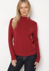 Bordowy Gładki Sweter z Półgolfem w Stylu Casual Unallia. Czerwone swetry Born2be, l, bez wzorów, z jeansu, bez ramiączek. Za 59.99 zł.