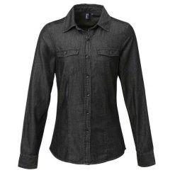 Damska Koszula Z Dżinsowymi Przeszyciami W Stylu Dżinsowym. Czarne koszule PREMIER, xl, bez wzorów, casualowe, bez kołnierzyka, bez ramiączek. Za 170.99 zł.