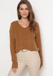Brązowy Sweter z Ozdobnym Splotem i Trójkątnym Dekoltem Barbisae. Brązowe swetry Born2be, z aplikacjami, z dzianiny, bez ramiączek. Za 59.99 zł.