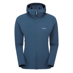 Kurtka softshellowa damska Rab Borealis Hoody z kapturem. Niebieskie kurtki sportowe RAB, bez wzorów, z softshellu, z kapturem, trekkingowe. Za 404.99 zł.