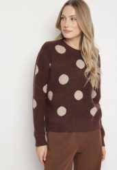 Brązowy Prosty Sweter z Wełną w Duże Kropki Fenenna. Brązowe swetry Born2be, uniwersalny, bez wzorów, z jeansu, bez ramiączek. Za 149.99 zł.