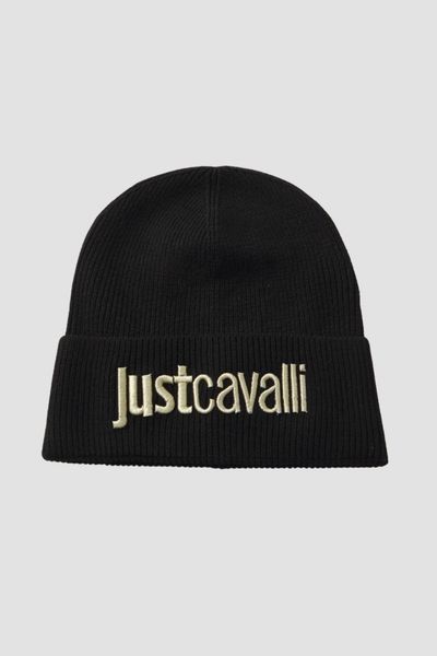 JUST CAVALLI Czarna damska czapka beanie z domieszką wełny. Czarne czapki Just Cavalli, bez wzorów, z wełny. W wyprzedaży za 212.99 zł.