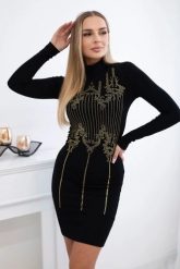 Sukienka dzianinowa ze złotym wzorem z cyrkonii czarna. Czarne sukienki KESI, na imprezę, l, bez wzorów, z dzianiny, eleganckie, bez kołnierzyka, plus size, bez ramiączek, dopasowane. Za 278.10 zł.