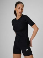 4F Koszulka treningowa slim szybkoschnąca damska - czarna XL. Czarne bluzki 4f, xl, bez wzorów, z materiału, bez kołnierzyka, bez ramiączek. Za 119.99 zł.