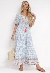 Jasnoniebieska Sukienka Maxi z Gumką i Sznurkiem z Chwostami w Pasie Maryse. Niebieskie sukienki Born2be, na lato, l, bez wzorów, bez kołnierzyka, bez ramiączek, maxi. Za 99.99 zł.