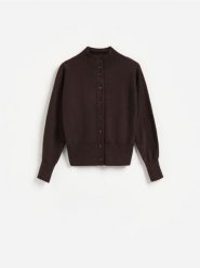 Kardigan z bawełną - ciemnobrązowy. Brązowe kardigany Reserved, l, bez wzorów, z bawełny. Za 139.99 zł.
