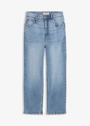Luźne jeansy, high waist, cropped. Niebieskie jeansy bonprix, bez wzorów, z podwyższonym stanem. Za 129.99 zł.